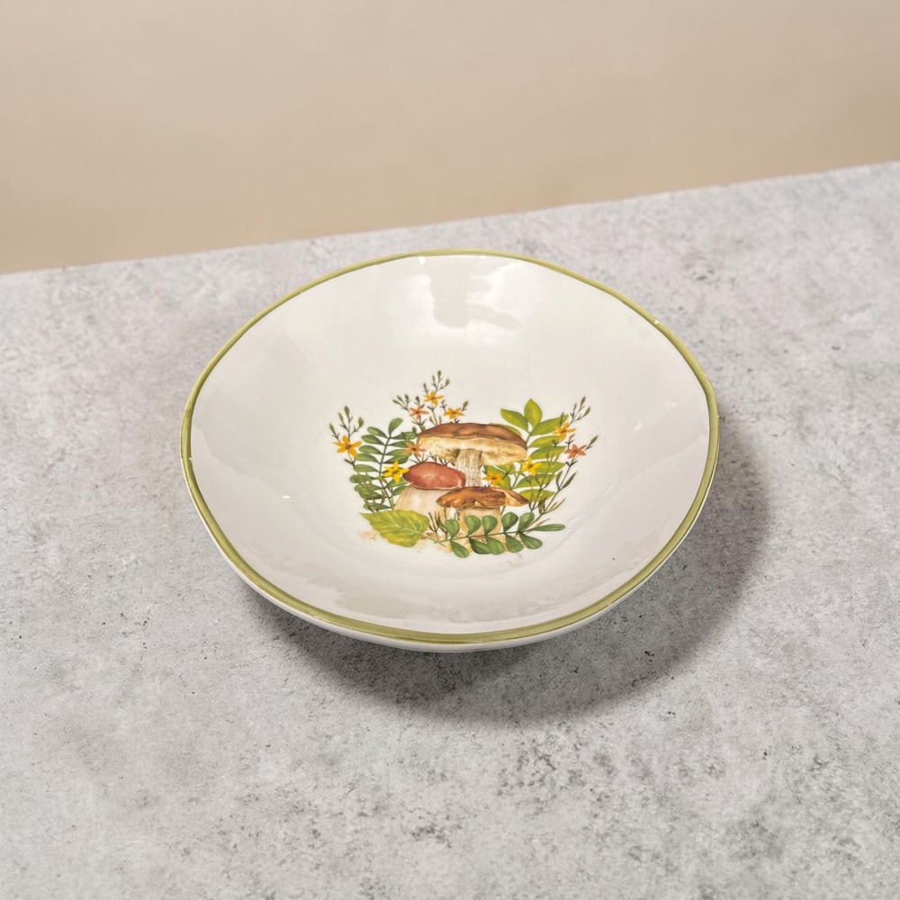 Ceramica Cuore Italian Mushroom Botanical Ceramic Pasta Bowl Green Rim 9 Inch